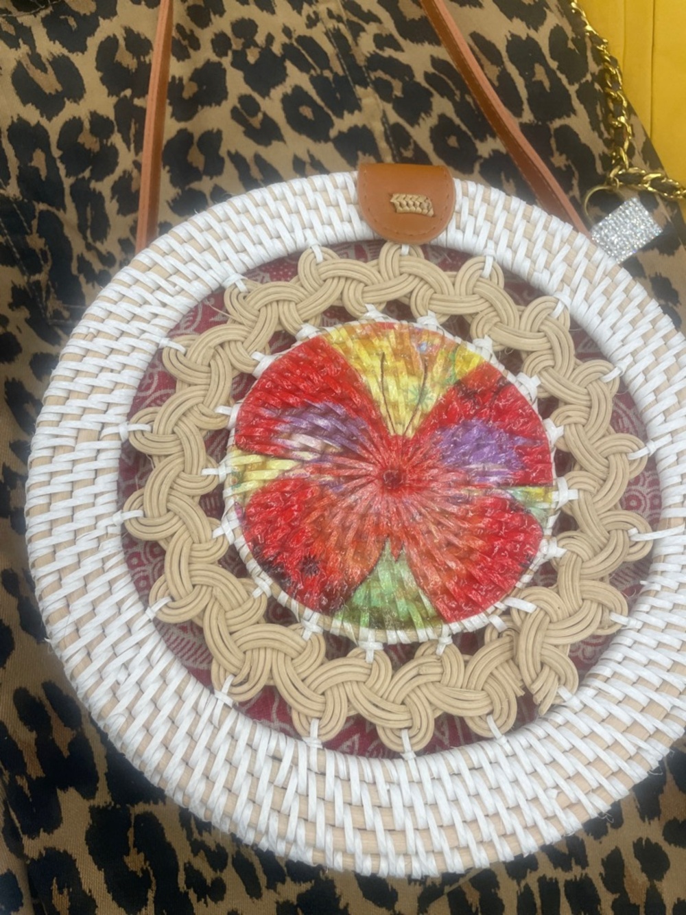 Round Woven Straw Crossbody Bag with Tie-Dye Center